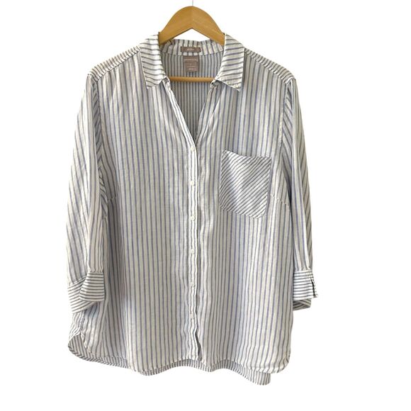 Chico's Blue and White Striped 100% Linen Button Up Long Shirt Top Size 4 (XL) - Picture 1 of 6